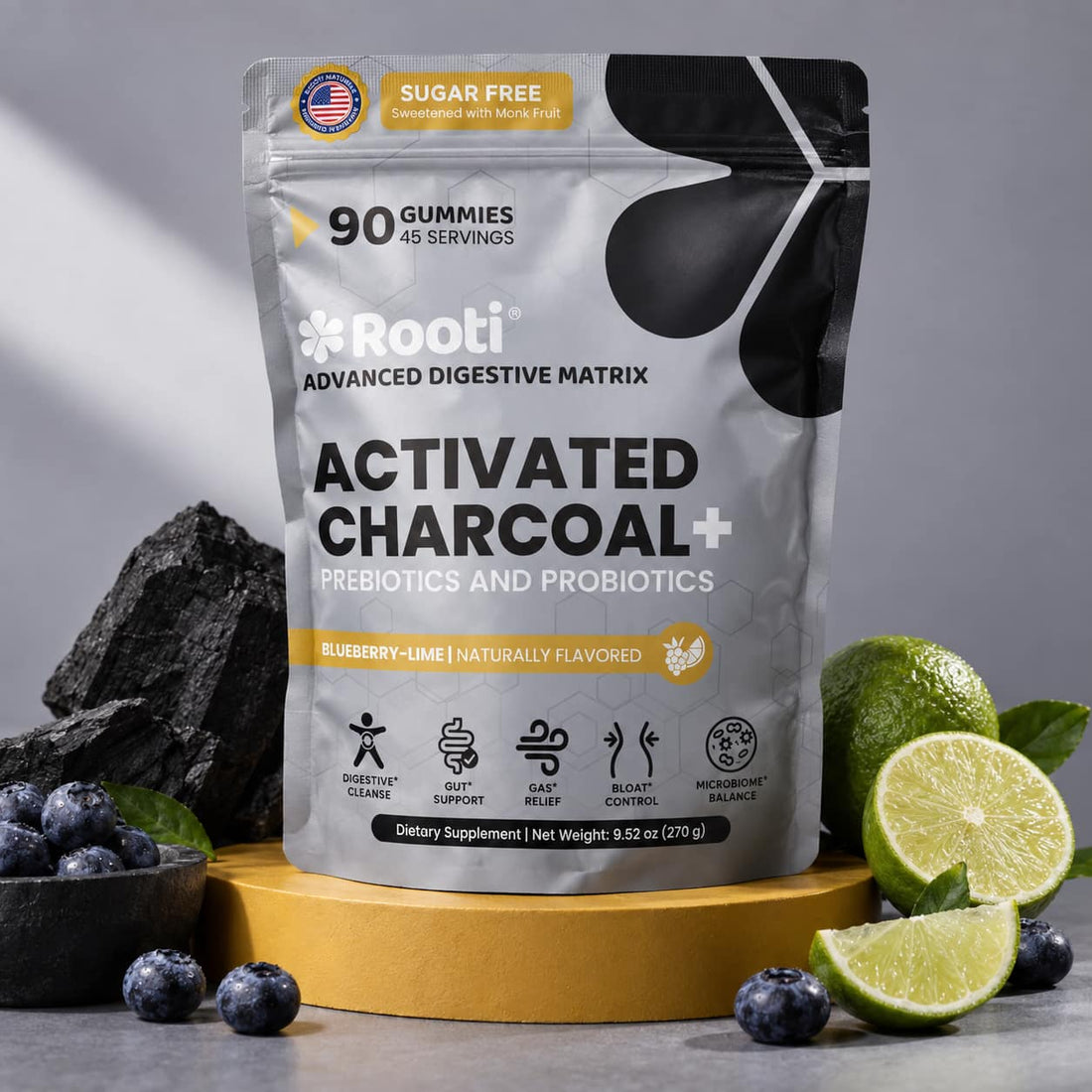 Rooti® Activated Charcoal | 3-in-1 Digestive Support Gummies | Prebiotics & Probiotics
